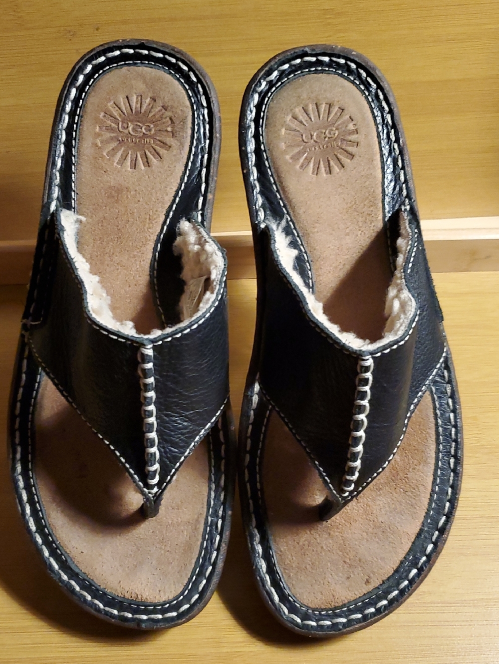 UGG Layback Black Leather Shearling-Trim Thong Sandals